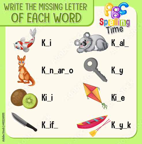 Write the missing letter of each word worksheet for children