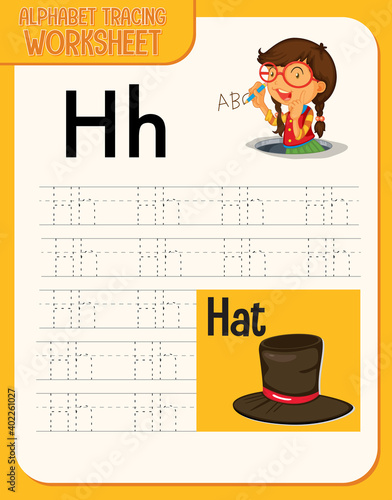 Alphabet tracing worksheet with letter and vocabulary