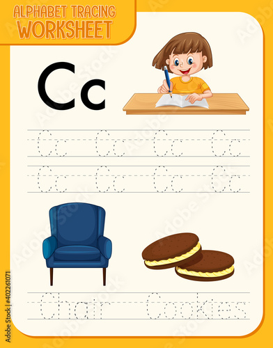 Alphabet tracing worksheet with letter and vocabulary