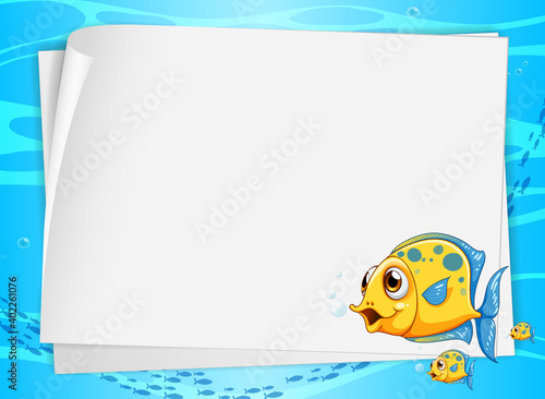 Blank paper banner with cute fish and on the underwater background
