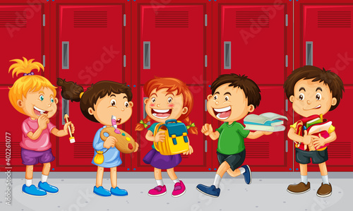 Children talking with their friends with school lockers background