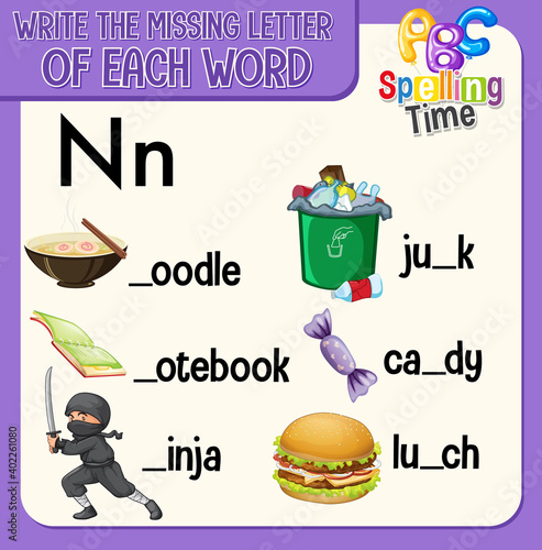 Fill the missing letter of each word worksheet for children