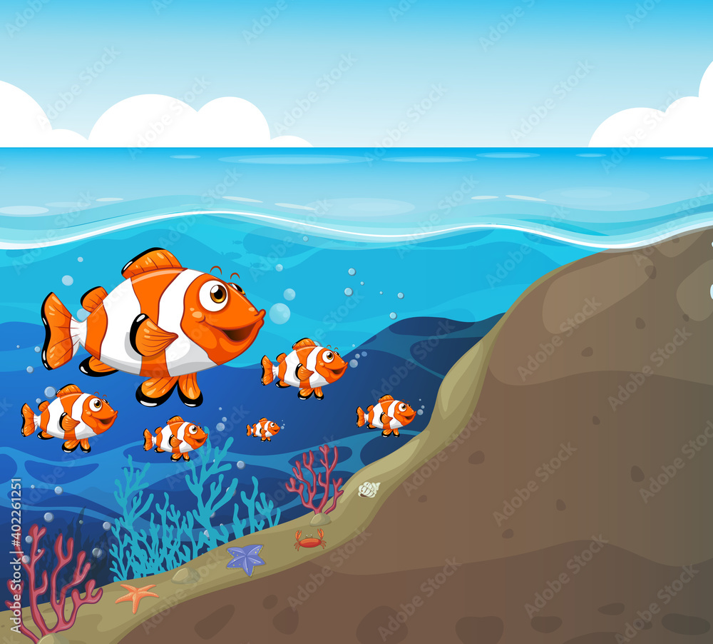 Naklejka premium Many exotic fishes cartoon character in the underwater background