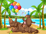 Seal group in party theme cartoon character on beach background