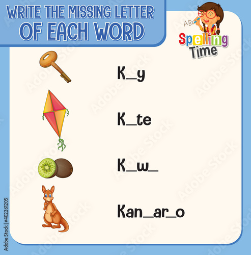 Write the missing letter of each word worksheet for children