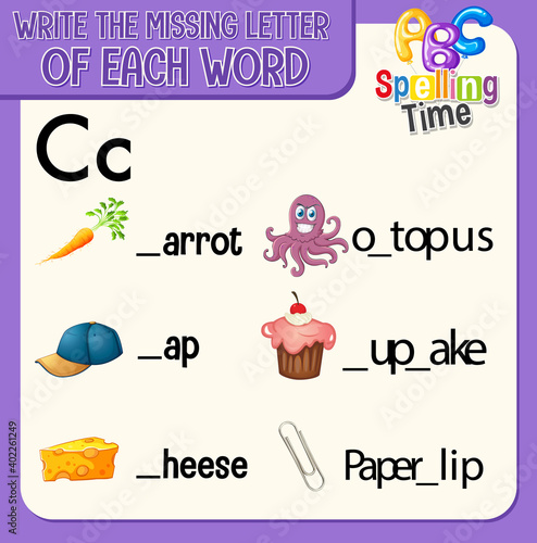 Fill the missing letter of each word worksheet for children