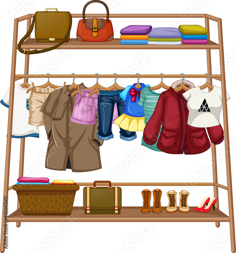 Clothes hanging on a clothesline with accessories on white background