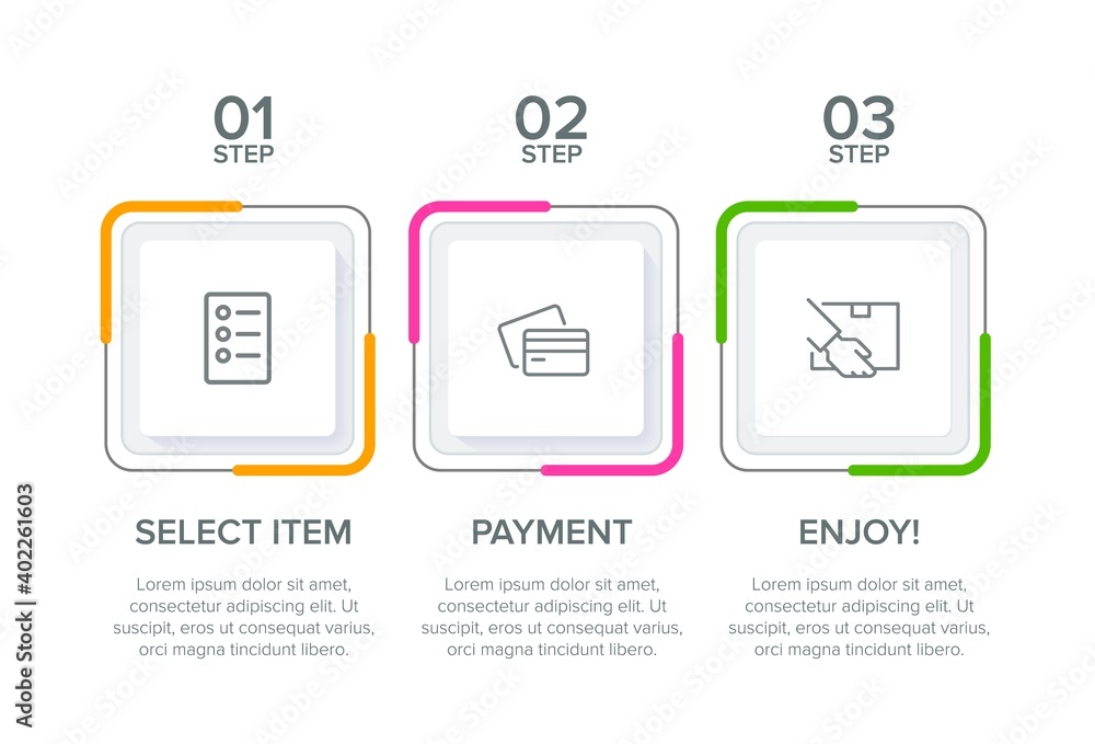 Obraz premium Concept of shopping process with 3 successive steps. Three colorful graphic elements. Timeline design for brochure, presentation, web site. Infographic design layout.