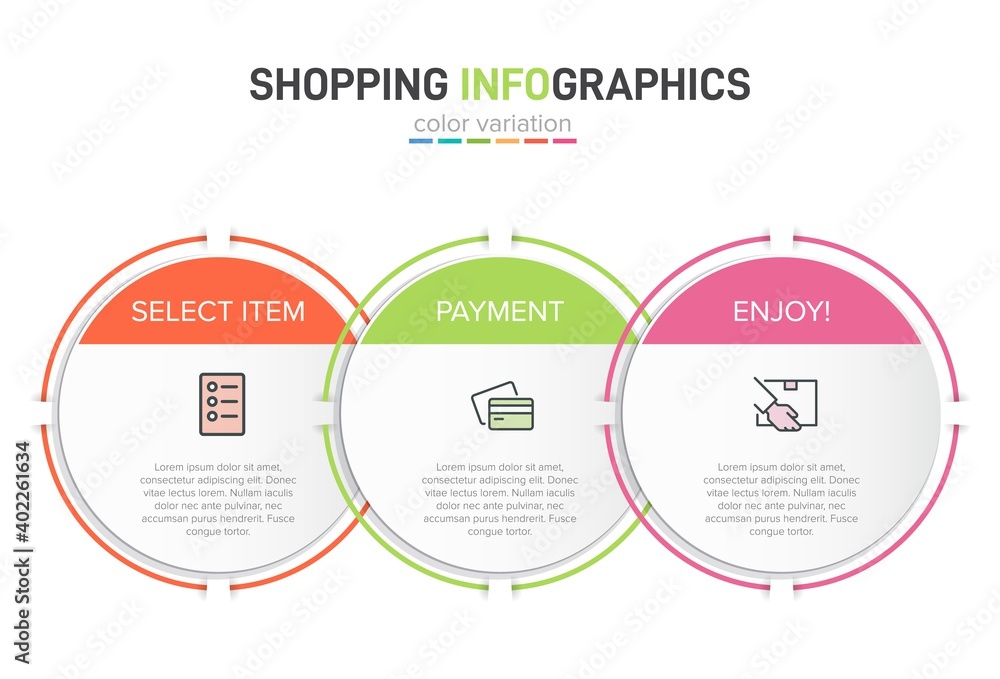 Concept of shopping process with 3 successive steps. Three colorful graphic elements. Timeline design for brochure, presentation, web site. Infographic design layout. Concept of shopping process with 3 successive steps. Three colorful graphic elements. Timeline design for brochure, presentation, web site. Infographic design layout.
