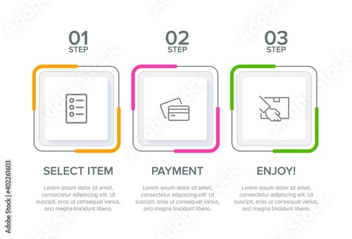 Concept of shopping process with 3 successive steps. Three colorful graphic elements. Timeline design for brochure, presentation, web site. Infographic design layout.