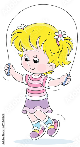 Funny little girl in light summer clothes  smiling and fun jumping rope  vector cartoon illustration isolated on a white background