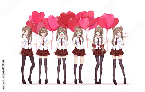 Anime manga girls in red skirt and white blouse are holding heart-shaped balloons. Vector illustration