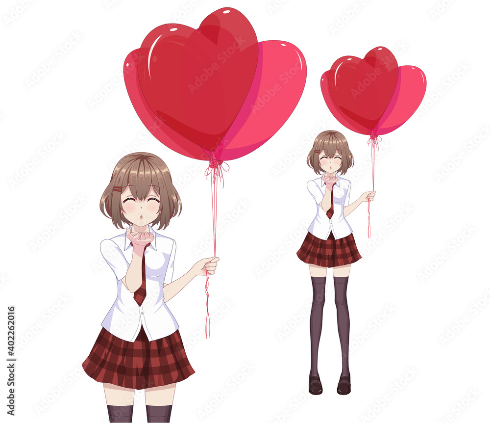 Anime manga girl in red skirt and white blouse are holding heart-shaped balloons. Vector illustration Anime manga girl in red skirt and white blouse are holding heart-shaped balloons. Vector illustration