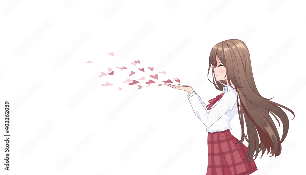 Anime manga girl in a skirt and blouse with long hair, blowing a kiss. Copy  space, place for text on white isolated background. Side view. Vector  illustration Stock Vector | Adobe Stock