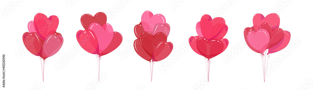 Set of bouquets of balloons in the form of heart on an isolated background. Vector illustration