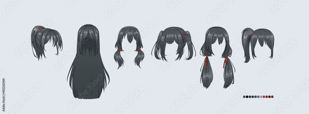Fototapeta premium Anime manga hairstyles. Isolated black hair set.