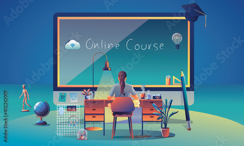 Online Education Application learning worldwide on Computer, mobile website background. social distance concept book lecture pencil. The classroom training course, library Vector Illustration Flat Des