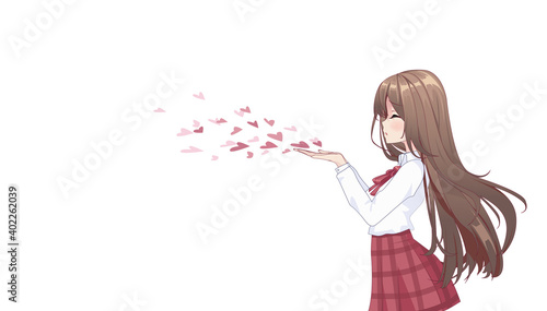 Anime manga girl in a skirt and blouse with long hair, blowing a kiss.  Copy space, place for text on white isolated background. Side view. Vector illustration