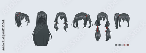 Anime manga hairstyles. Isolated black hair set.