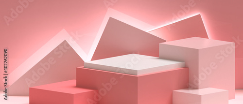 Minimal stage Podium showcase Geometric shapes square box and Triangle Concept on light Red background with copy space - 3d rendering