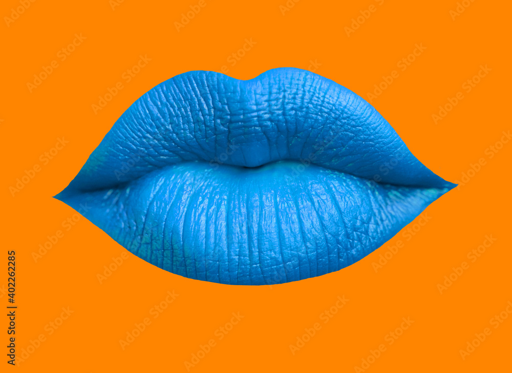 blue lip mouth over orange backgroundKiss Lips,Makeup pattern with