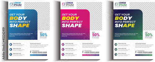 Fitness Gym Flyer Template, 3 color fitness body building and gym flyer A4 size template