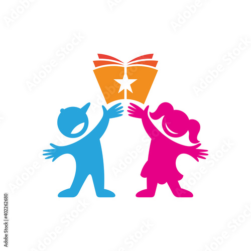 Book and two children. Modern kids education colorful logo template. Children school logo design