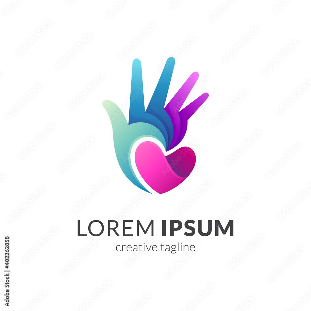 Fototapeta premium Hand and heart combination logo concept. Love hand care modern logo template