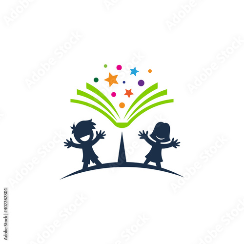 Children's school education logo template. Playful modern kids educational logo design with boy, girl, book and stars shape