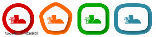 Nuclear power plant vector icon set, flat design buttons on white background