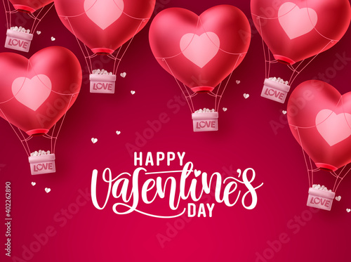 Valentines day heart love balloons vector design. Happy valentines day greeting text with flying heart air balloon elements in red background. Vector Illustration.

