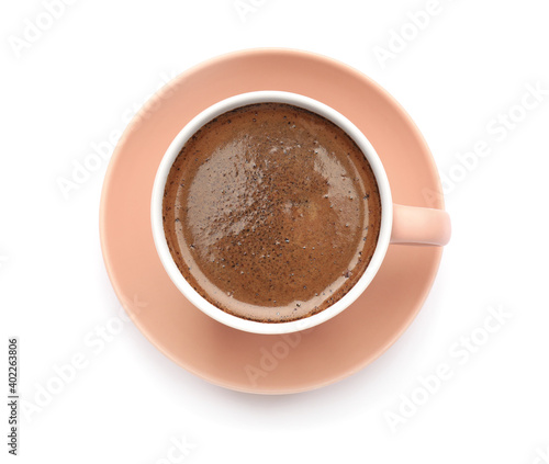 Cup with hot coffee on white background