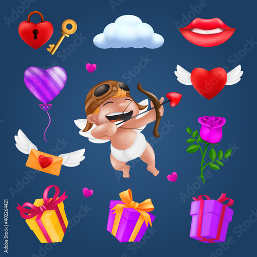 Saint Valentine's day icons set - little angel or cupid, flying heart with wings, red rose flower, pink balloon, gift box, letter, padlock, key, smiling lips, cloud. Romantic items vector collection photo