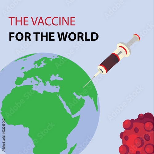 vector image of planet Earth. Coronavirus vaccine. World pandemic. Covid-19. A low poly human hand with a syringe is vaccinated against the virus. Light blue background. 