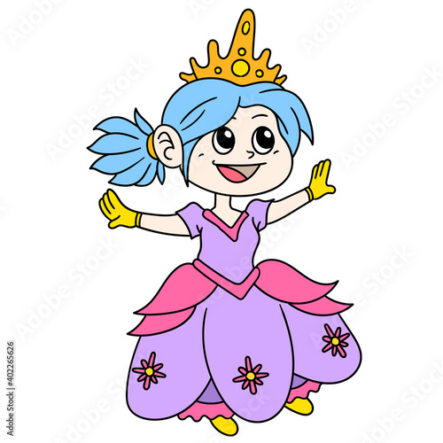 Beautiful Cinderella Princess in fancy dress is coming to the party, doodle icon image