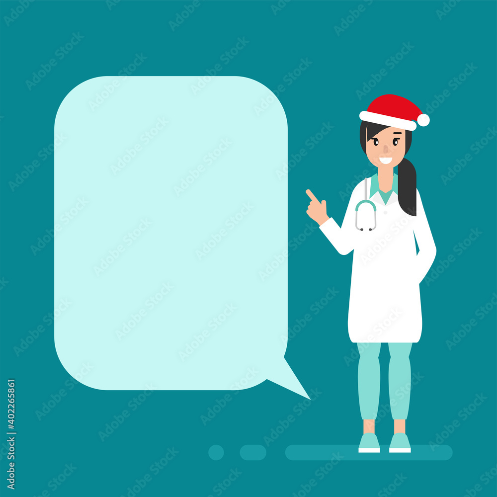 Woman doctor with speech bubble and Christmas hat on blue background. Woman doctor with speech bubble and Christmas hat on blue background.