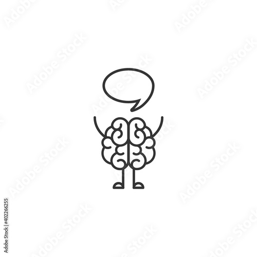 Black line brain character with hands, legs and speech bubble.
