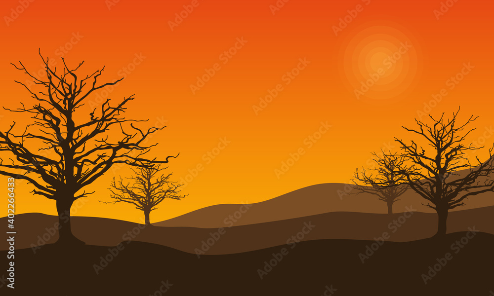 Trees and mountains nature scenery at sunset. City vector Trees and mountains nature scenery at sunset. City vector