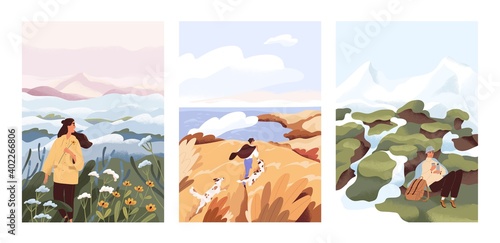 Man and woman relax outdoor at natural landscape vector flat illustration. Scenes with people walking alone, enjoy scenic nature views. Concept of freedom, relax and inspirational lifestyle