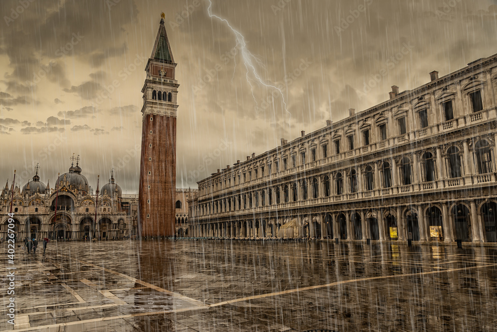 Stormy and rainy day over St. Mark's Square, Venice. Italy.
