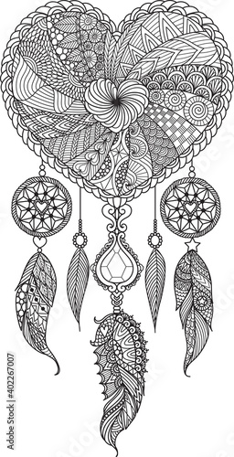 Line art heart shape dream catcher for coloring book, coloring page, engraving and design element. Vector illustration.