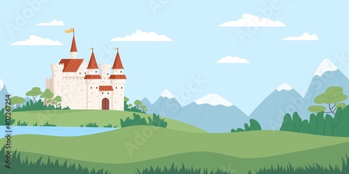 Landscape with medieval castle vector flat illustration. Fairytale fortress near river, mountains and fields. Beautiful scenery with facade of historical building. Panoramic view with royal palace