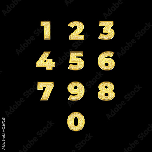 Set of realistic gold glitter numbers on black background. Vector decoration suitable for celebration, birthday, anniversary, new year, wedding, party.