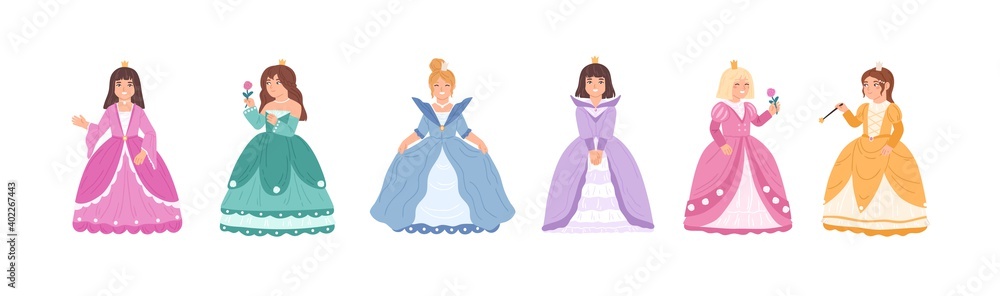 Set of cute little princess or fairy wearing elegant dress for royal ball vector flat illustration. Collection of girls in queens apparel for carnival or childish theme party isolated on white