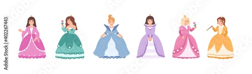 Set of cute little princess or fairy wearing elegant dress for royal ball vector flat illustration. Collection of girls in queens apparel for carnival or childish theme party isolated on white