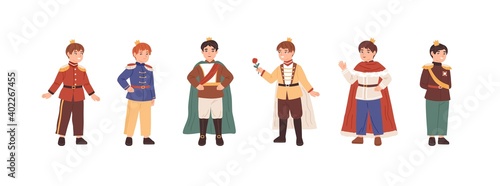 Collection of cute little princes dressed in festive apparel vector flat illustration. Funny male children wearing kings costumes and crowns isolated. Happy boys actors cosplay royal characters