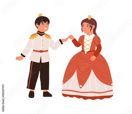Smiling children couple in king and queen carnival costumes at royal ball vector flat illustration. Happy little prince and princess holding hands isolated. Boy and girl at childish theme party
