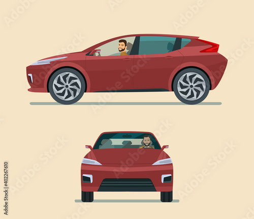Modern electric CUV car two angle set. Car with driver man side view and front view. Vector flat style illustration.
