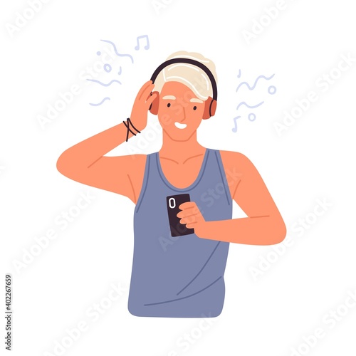 Portrait of hipster teenager listening to music in wireless headphones vector flat illustration. Smiling young man enjoying audio sound using smartphone isolated on white background