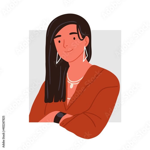 Portrait of fashionable young woman peeping from square frame vector flat illustration. Smiling modern businesswoman looking out of geometric shape or window isolated on white background